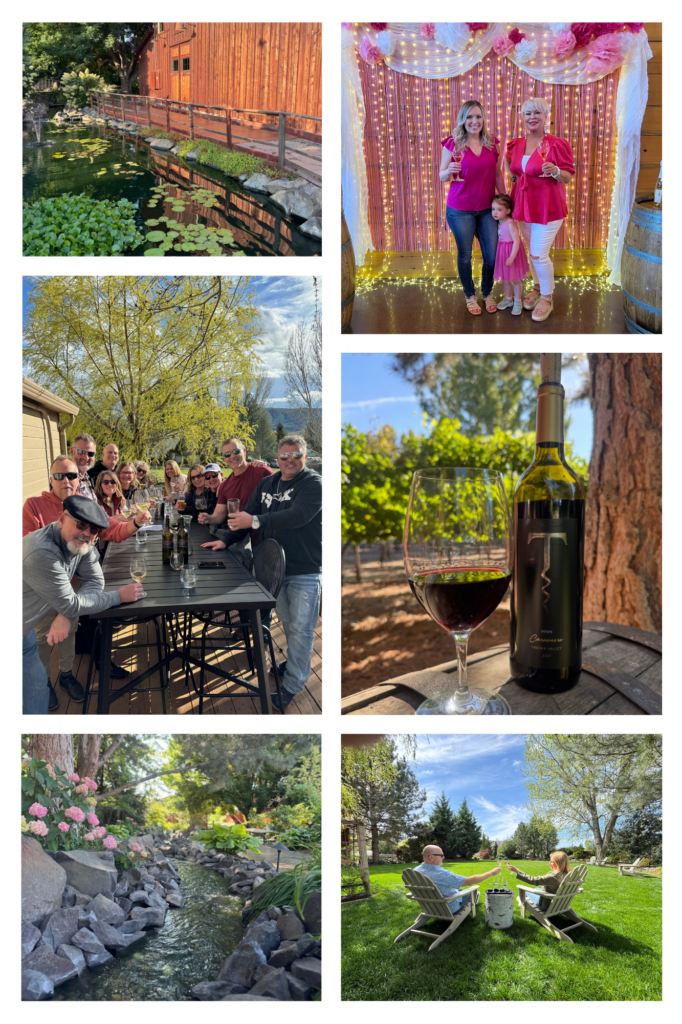 Wine tasting event with friends in scenic garden.