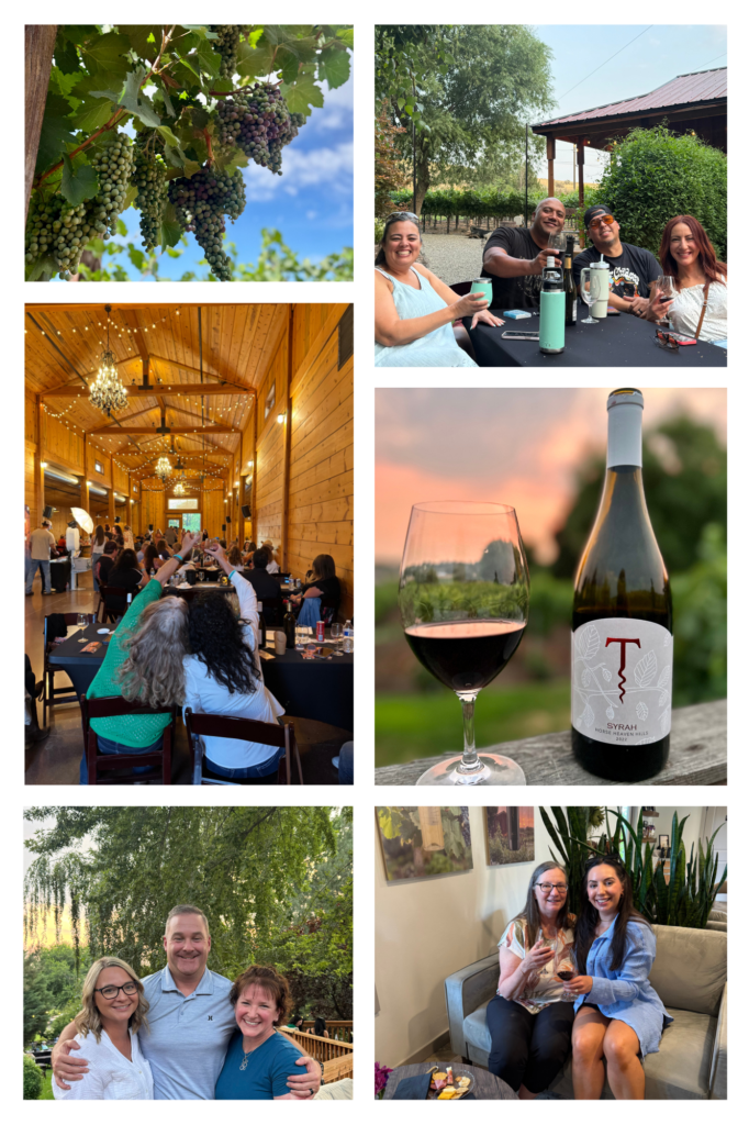 Vineyard, wine, and social gatherings in rustic setting.