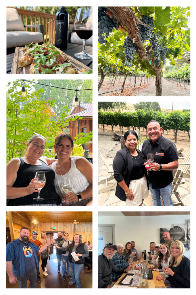 Wine tasting event with friends in vineyard.
