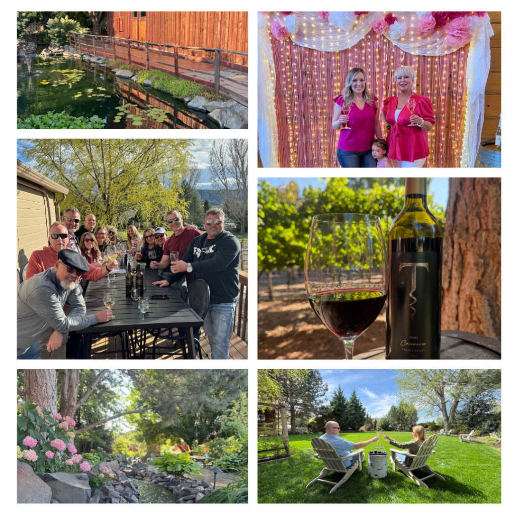 Wine tasting, vineyard, outdoor gatherings, and scenic gardens.