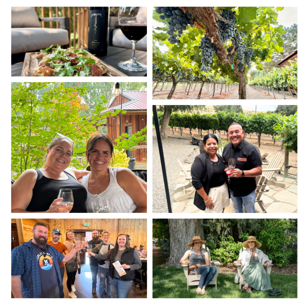 People enjoying wine at a vineyard and winery.