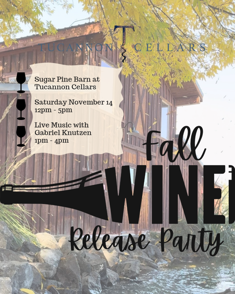 2026 Fall Wine Release Party (Instagram Post (4_5)) Promotional poster for Tucannon Cellars' Fall Wine Release Party at Sugar Pine Barn. The event is scheduled for Saturday, November 14, from 12 p.m. to 5 p.m., with live music by Gabriel Knutzen from 1 p.m. to 4 p.m. A rustic barn, yellow autumn leaves, rocks, and a creek form the background, alongside wine glass and bottle graphics.